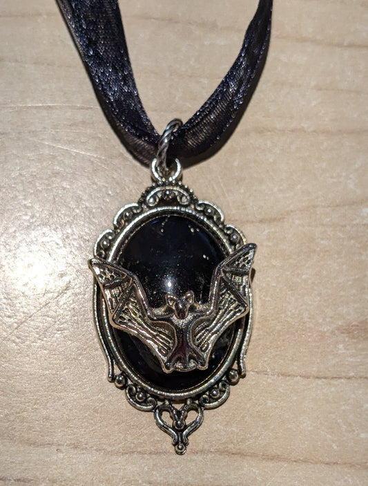 Obsidian Bat Pendant on Ribbon Necklace : 18" w/extender