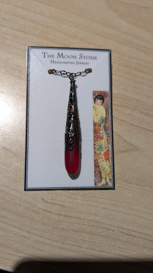 1920s Sea Glass Red Drop Necklace : 3"