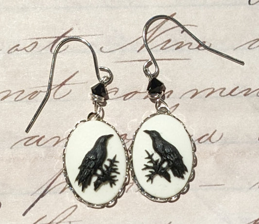 Raven Cameo "Silver" Earrings- silver-plated : 18x13mm