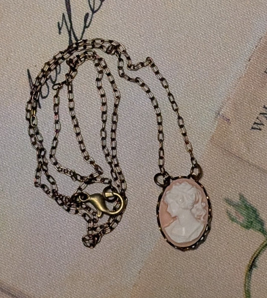 Victorian Pink Cameo Brass Necklace