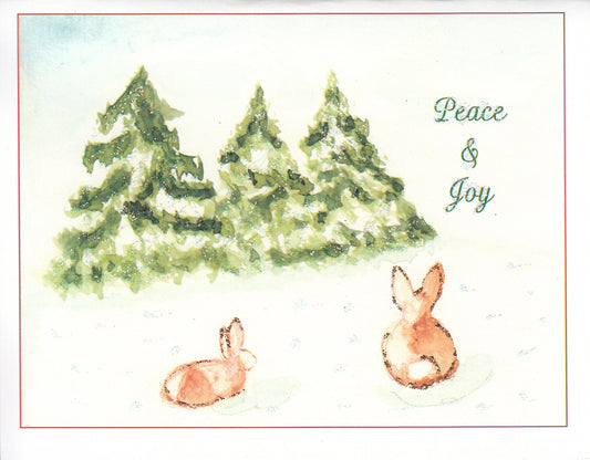 Peace & Joy Love Winter Scene Brown Rabbits Glitter Card