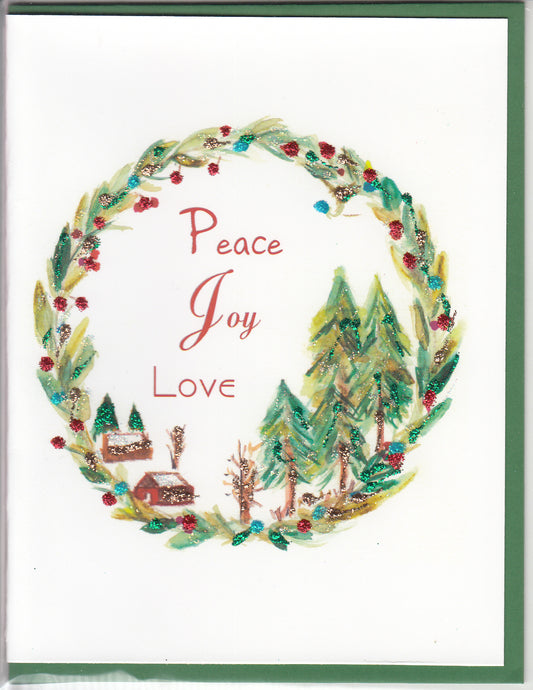 Peace Joy Love Winter Scene in Wreath Glitter Card