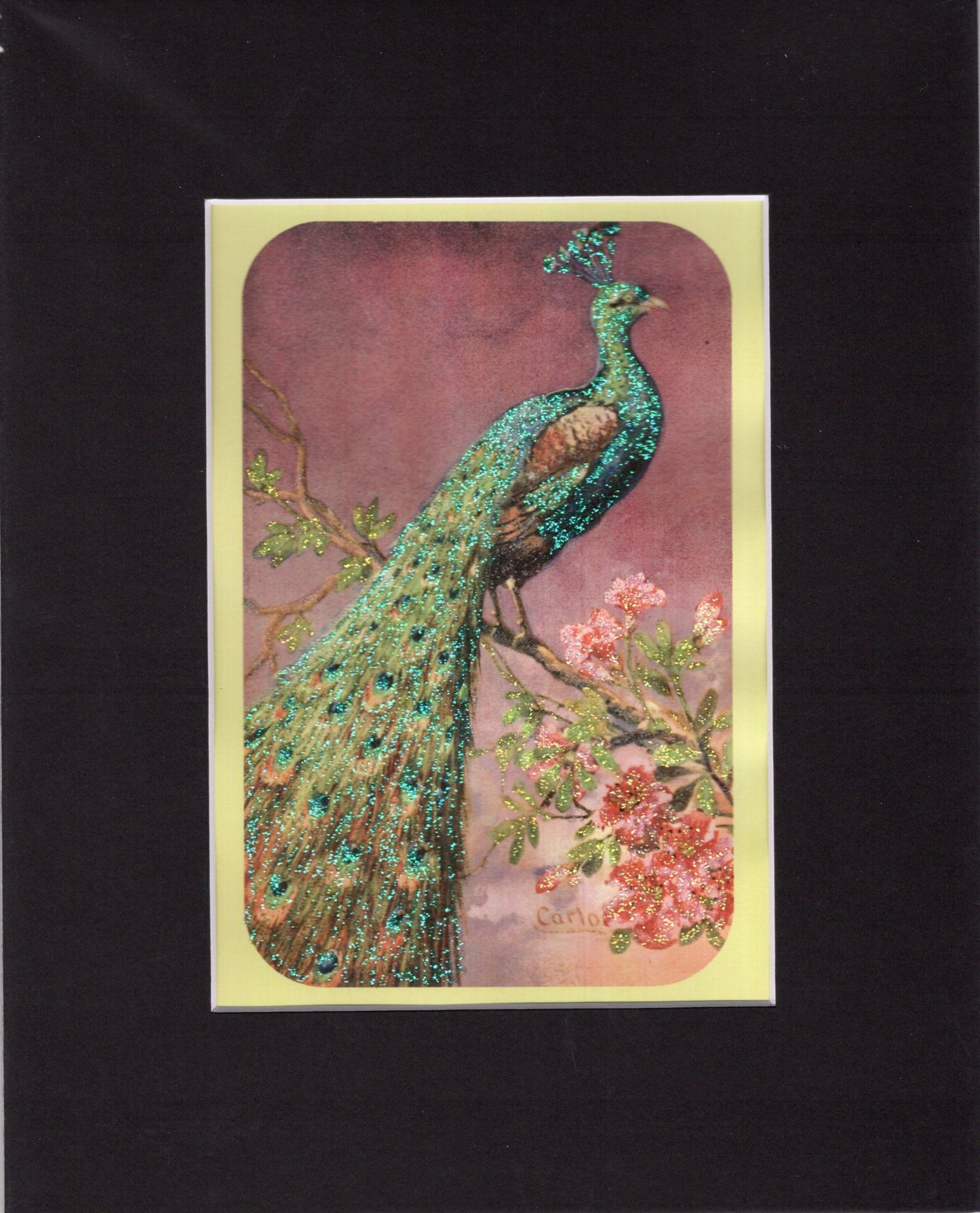Perched Peacock Painting Glittered Matted Print