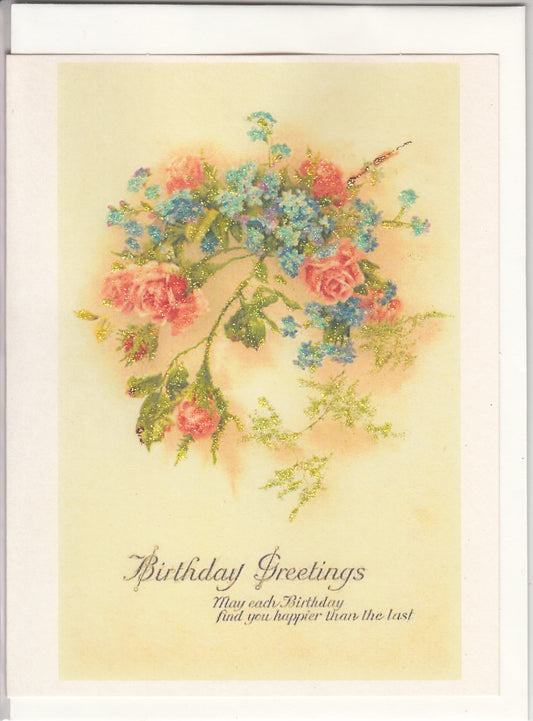 Birthday Greetings ~ Rose Wreath Glitter Card