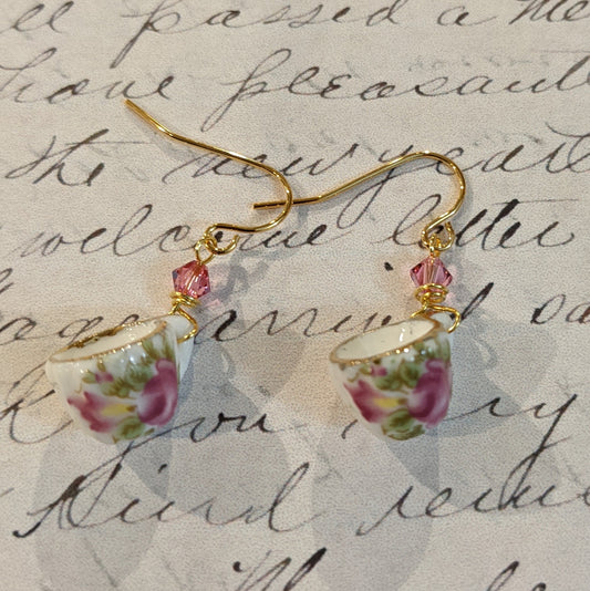Pink Rosebud Mini Teacup Earrings-porcelain : crystal/wire