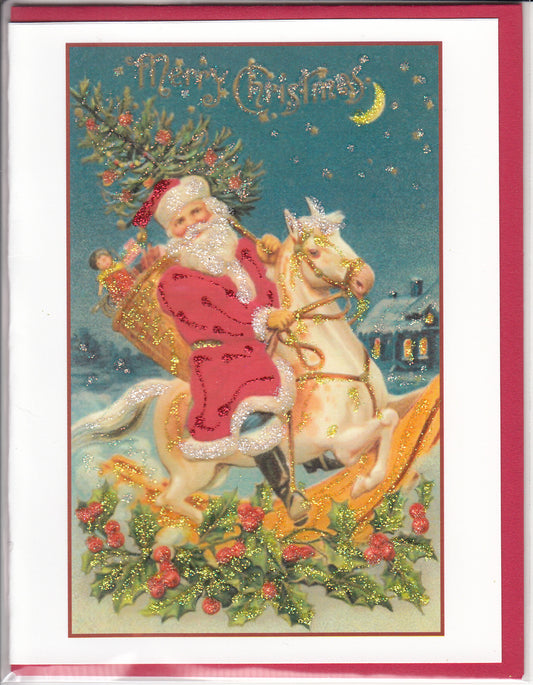 Merry Christmas ~ Santa on Rocking Horse Glitter Card