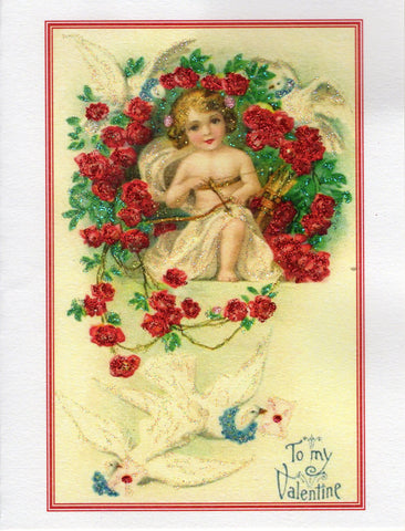 To My Valentine ~ Cherub Among Red Roses Glitter Card