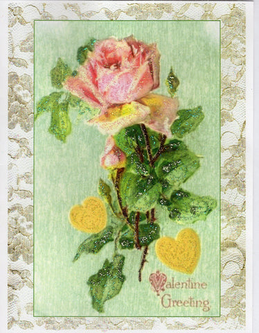 Valentine Greeting ~ Pink Rose & Lace Glitter Card