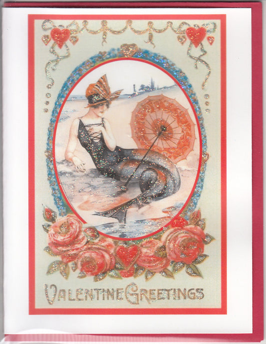 Valentine Greetings ~ 1920s Mermaid on Beach Glitter Card