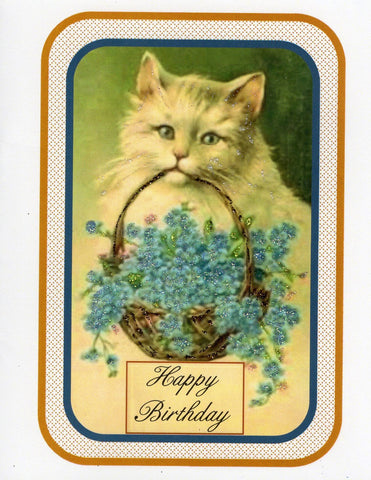 Victorian Kitty Happy Birthday Glitter Card