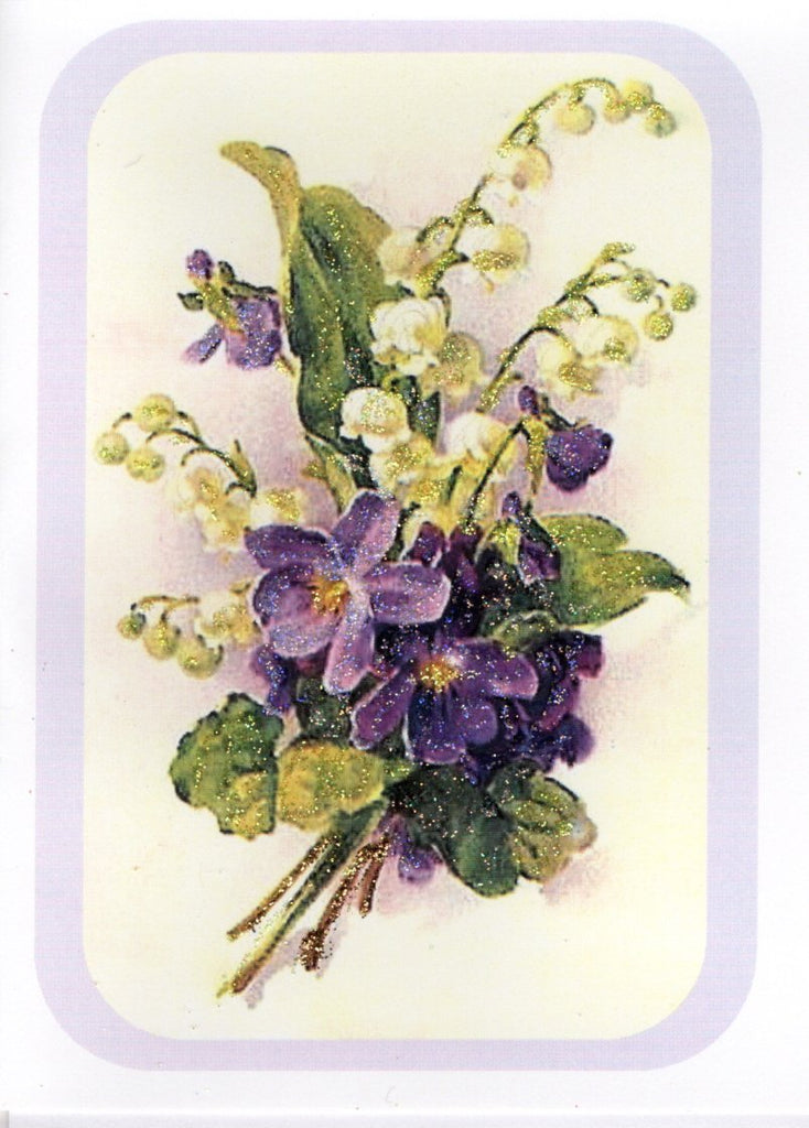 Violets & Lilies of the Valley Bouquet Glitter Card