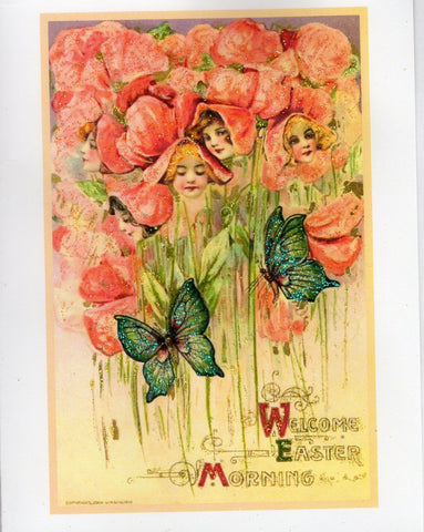 Welcome Easter Morning ~ Flower Faces & Butterflies Glitter Card