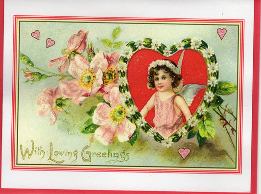 With Loving Greetings ~ Pink Beach Roses & Cherub Valentine Glitter Card