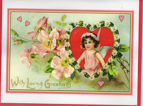 With Loving Greetings ~ Pink Beach Roses & Cherub Valentine Glitter Card