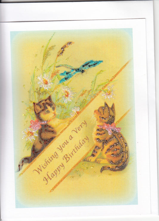 Wishing You a Very Happy Birthday ~ Cats, Dragonfly and Daisies Glitter Card