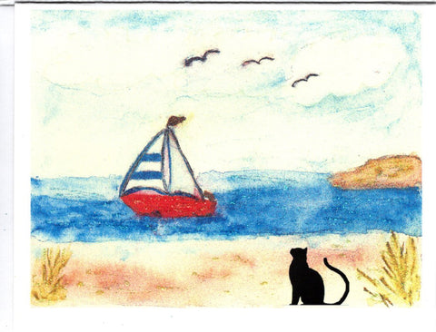 Cat at Seashore Watercolor Glitter Card