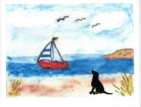 Dog at Seashore Watercolor Glitter Card
