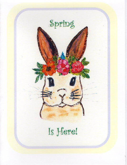 Spring is Here! Bunny in Floral Crown Glitter Card