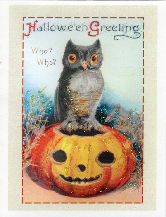 Hallowe'en Greetings Who? Who? Glitter Card