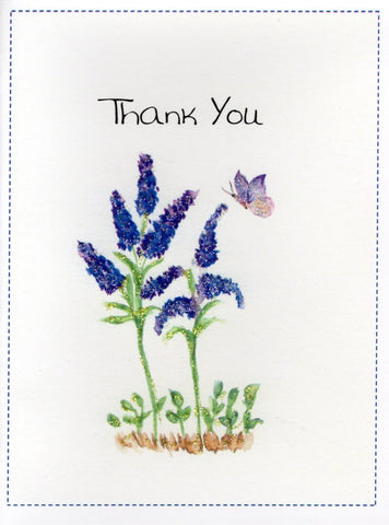 THANK YOU Butterfly in Purple Flowers Glitter Card