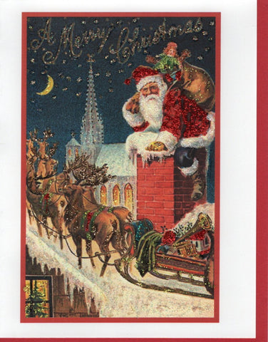 A Merry Christmas ~ Santa on Chimney Glitter Card