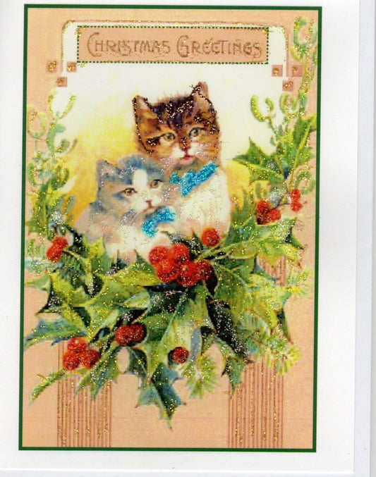 Christmas Greetings 2 Cats in Holly Glitter Card