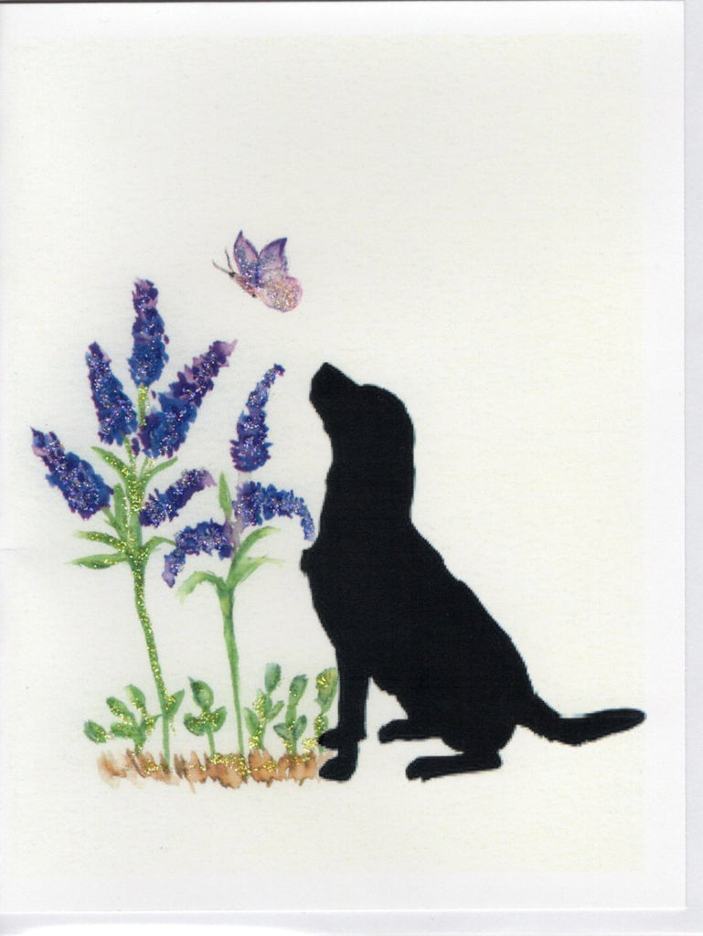 Dog in the Purple Flowers Glitter Card