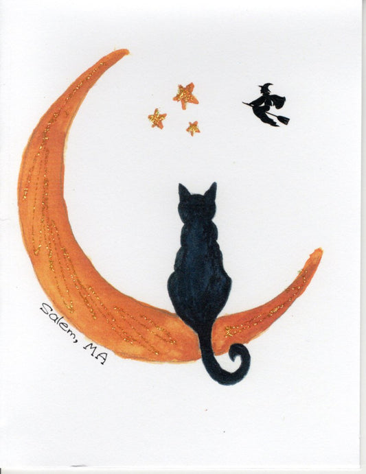 Black Cat on Crescent Moon Watercolor Print Glitter Card