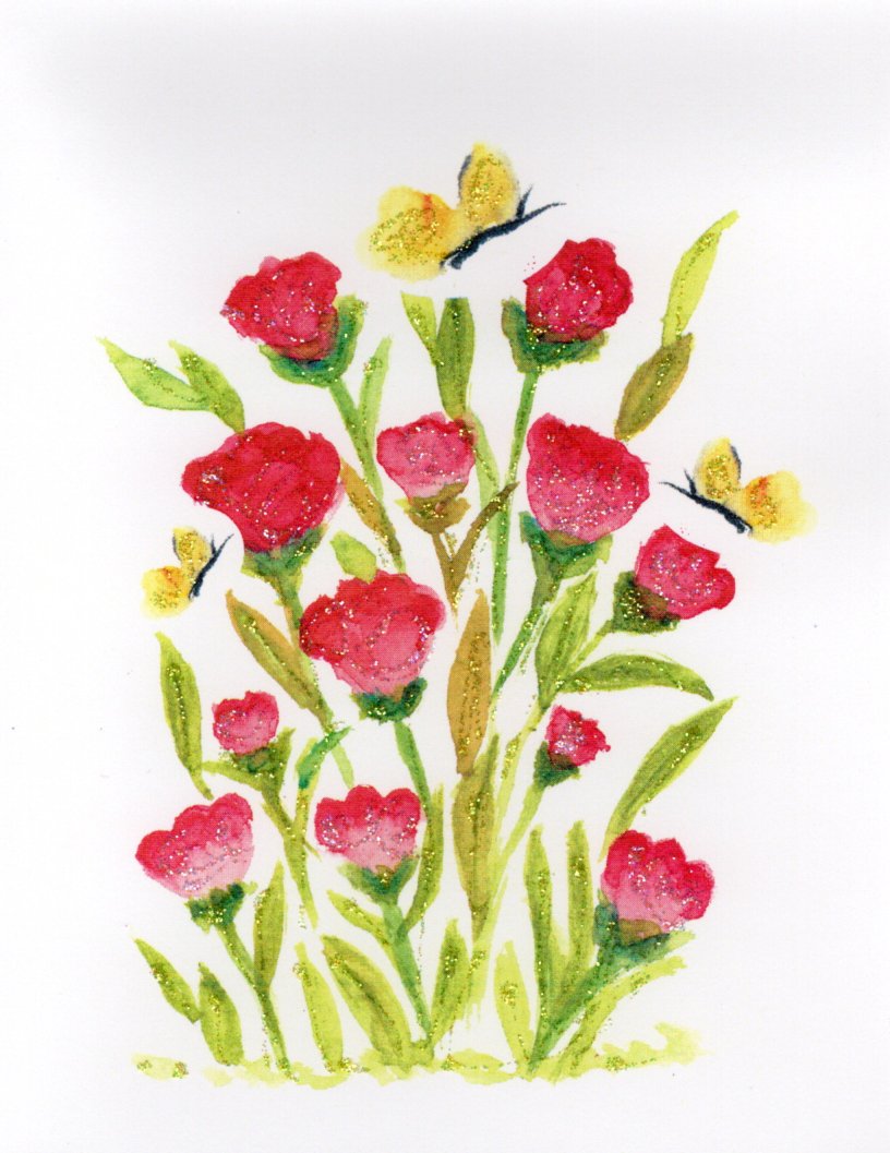 Yellow Butterflies in Pink Flowers Watercolor Print Glitter Card