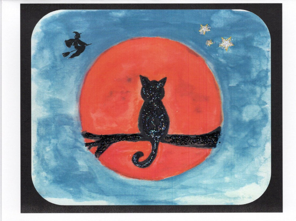 Black Cat & Orange Moon Watercolor Print Glitter Card