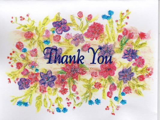 THANK YOU ~ Burst of Flowers Watercolor Print Glitter Card