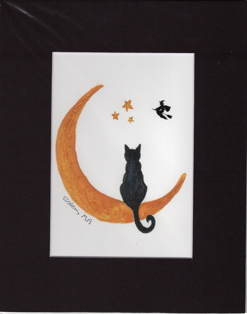 Black Cat on Crescent Moon Watercolor Glittered Matted Print-matted print : 5x7 in 8x10