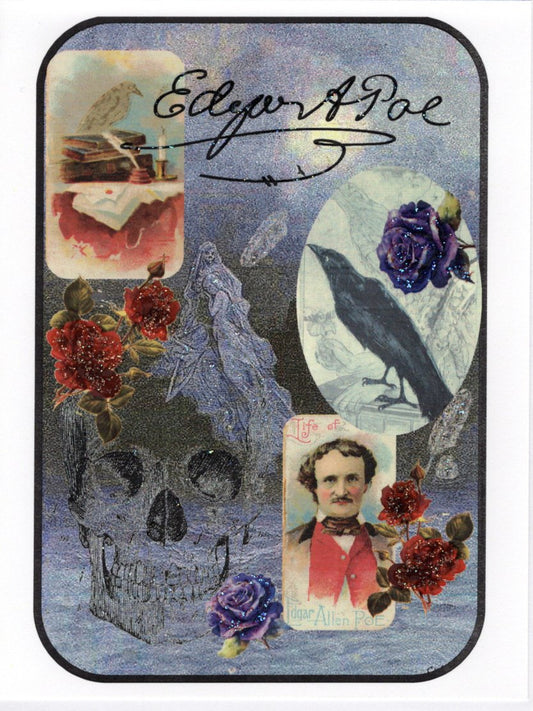Edgar Allan Poe Among the Roses Collage Glitter Card