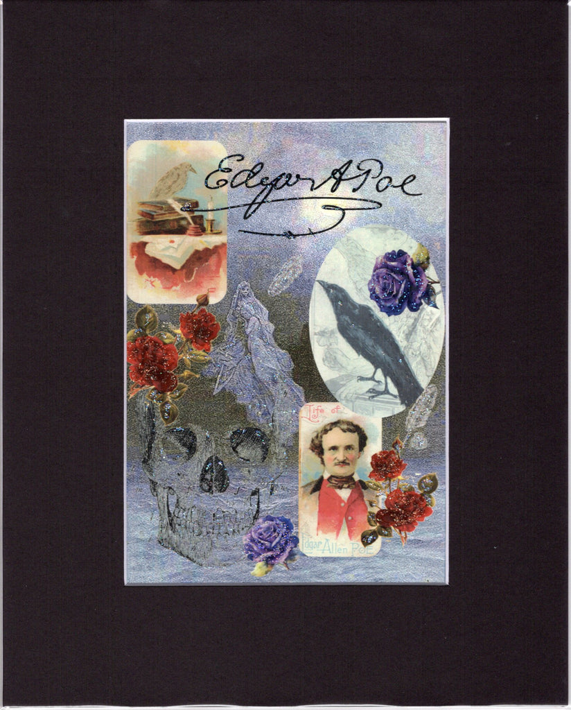 Edgar Allan Poe Among the Roses Collage Matted Glitter Print 5x7 in 8x10