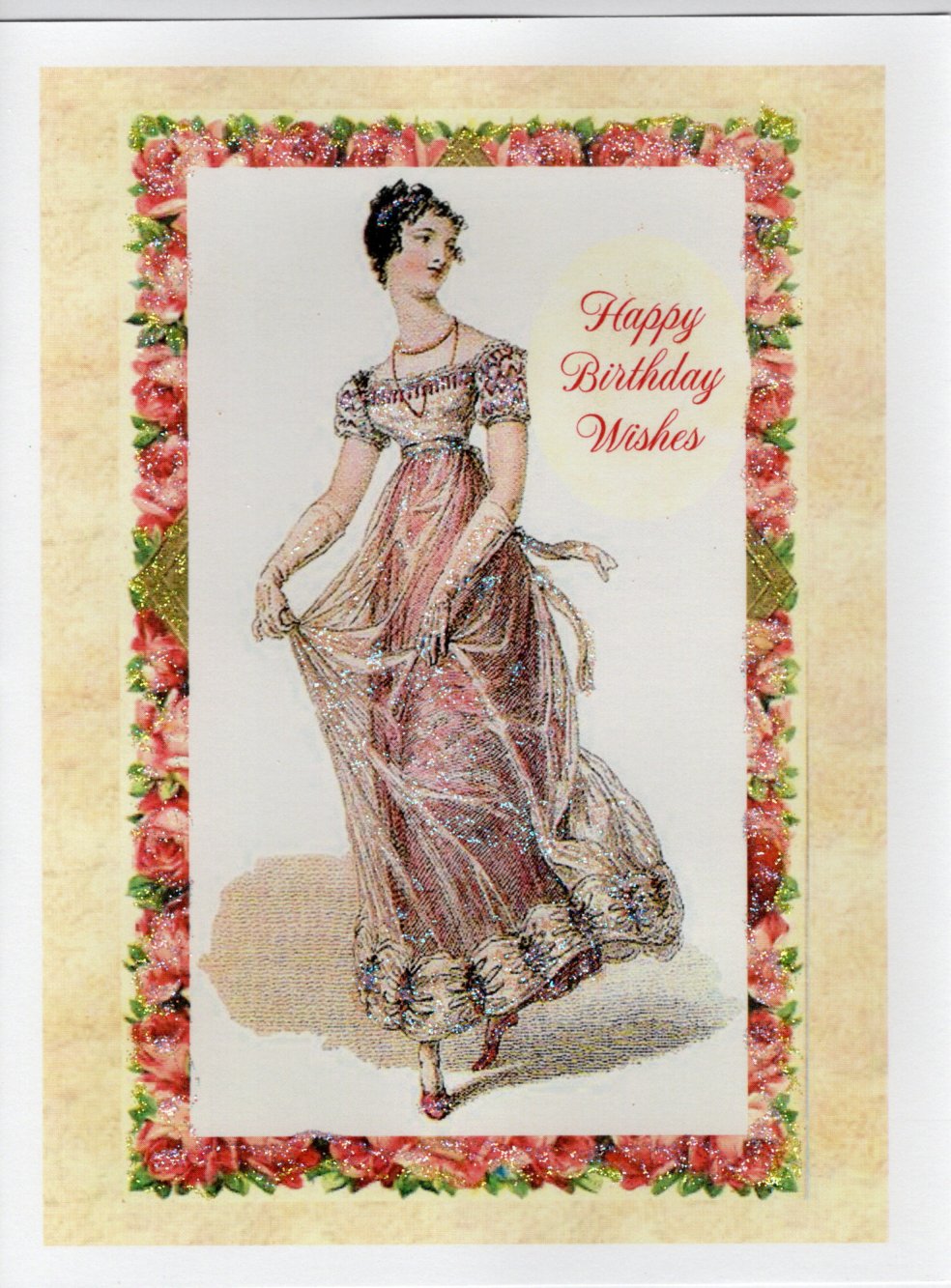 Happy Birthday Wishes Regency Lady Pink Roses Border Glitter Card