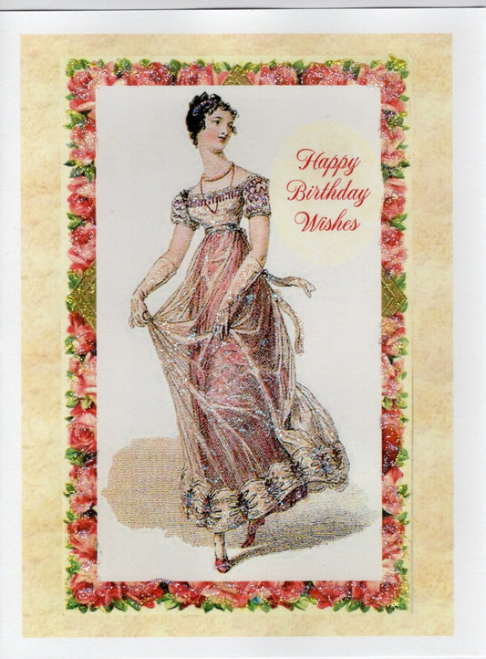 Happy Birthday Wishes Regency Lady Pink Roses Border Glitter Card
