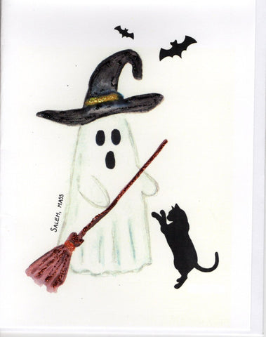 Scaredy Ghost & Cat Watercolor Print Glitter Card