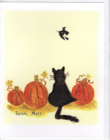 Sitting Kitty in Salem Pumpkins Watercolor Print Glitter Card