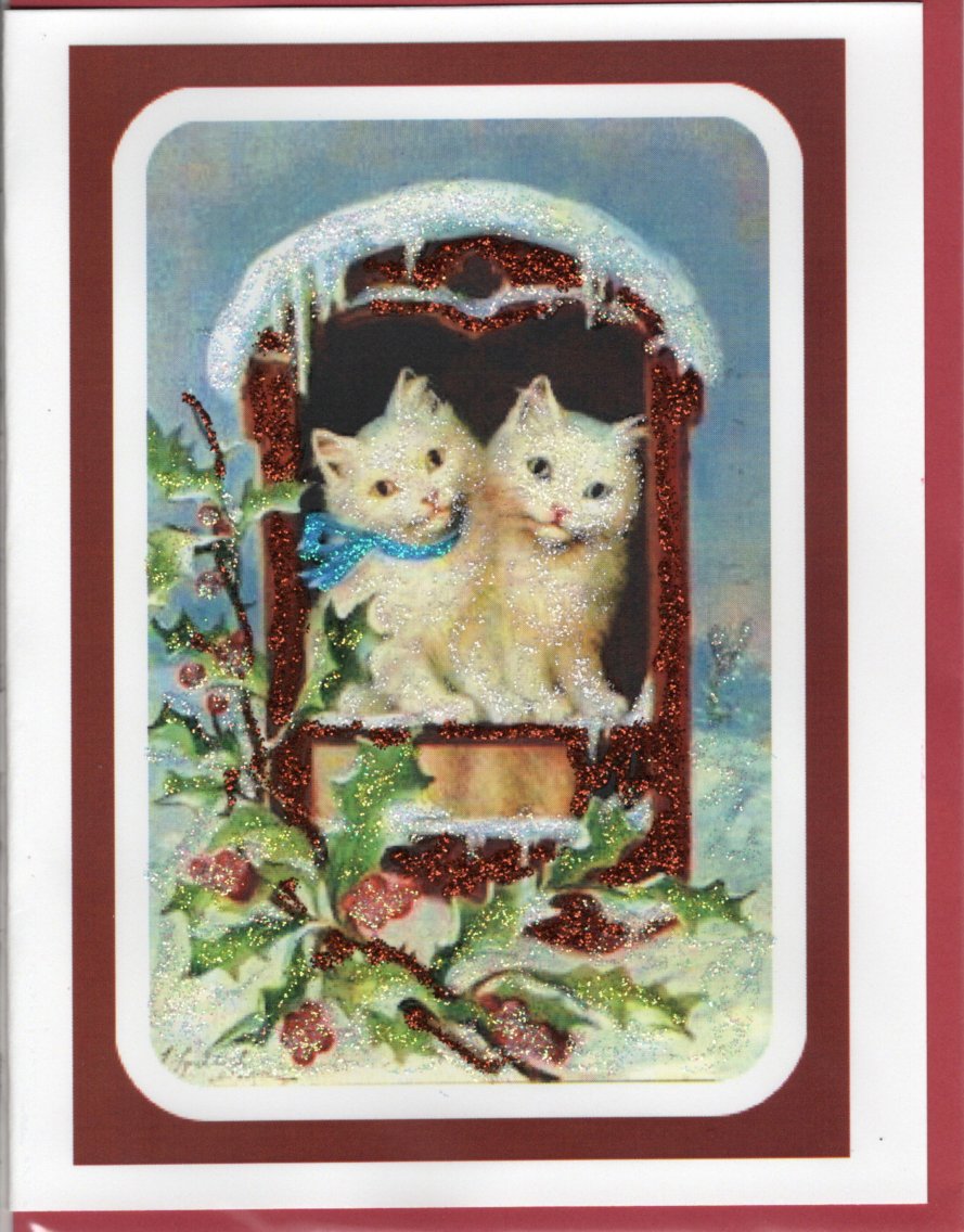 Two White Kitties Under Icicles Christmas Glitter Card