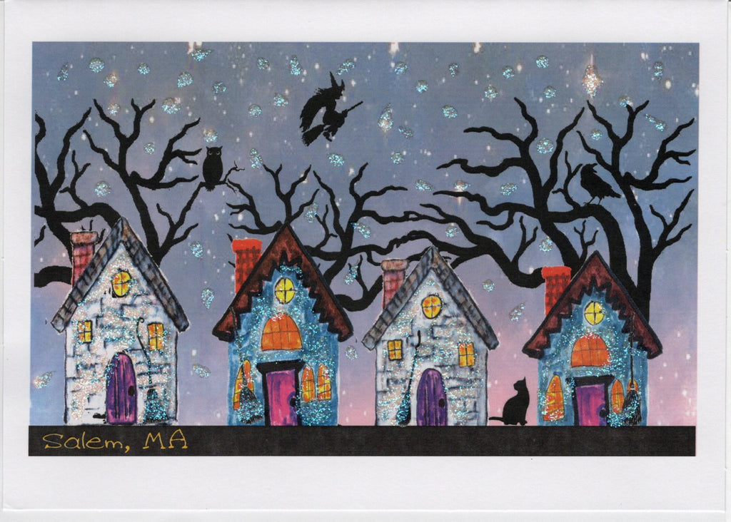 Haunted Salem Street Watercolor Print Glitter Card