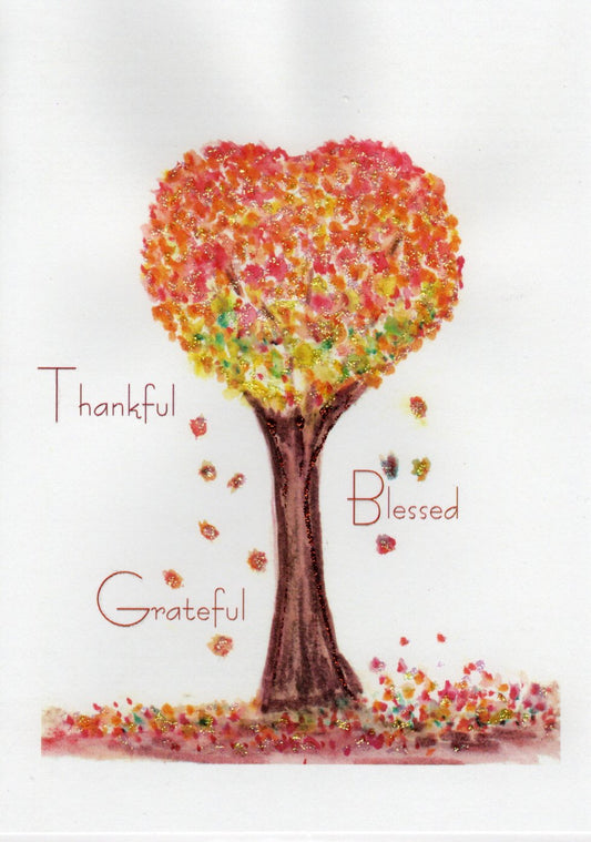 THANKFUL, BLESSED, GRATEFUL ~  Heart Tree Watercolor Thanksgiving Glitter Note Card
