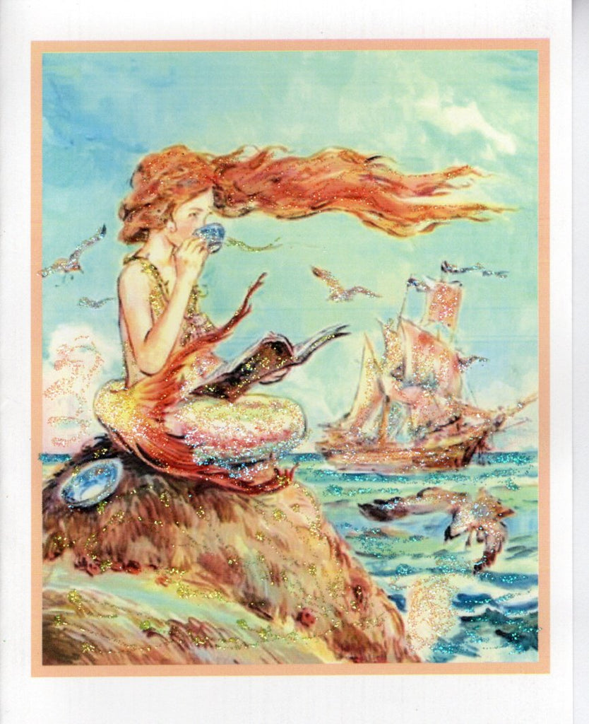 Mermaid Sipping Tea & Reading at Sea Glitter Card