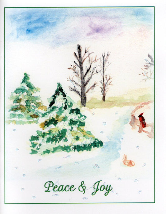 Peace and Joy Snowy Watercolor Scene Glitter Card