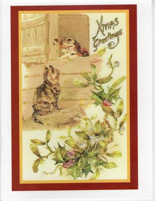 X-Mas Greetings ~ Kittens Meeting at Barn Door Glitter Card