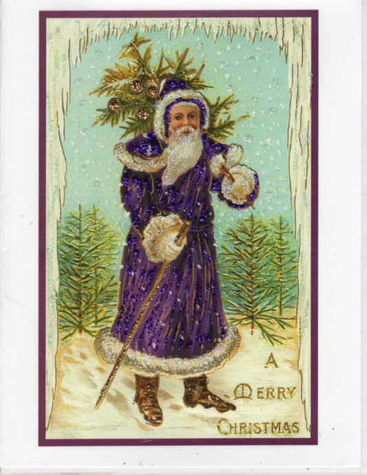 A Merry Christmas ~ Santa in Violet Robes Glitter Card