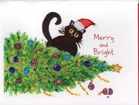 Merry and Bright ~ Cat Overturns Christmas Tree Glitter Card