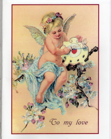 To My Love ~ Cherub on Branches Glitter Card