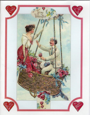 To My Valentine ~ Couple in Air Balloon Glitter Card