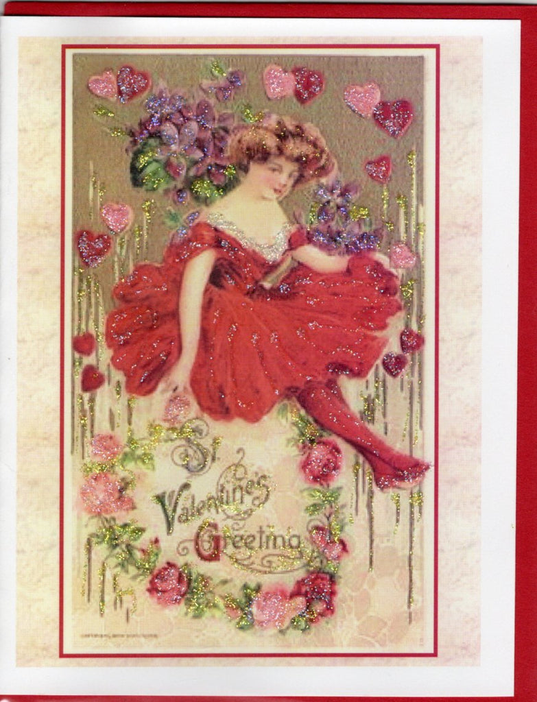 St. Valentine's Greeting... Red Dress Lady Glitter Card