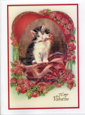 TO MY VALENTINE ~ Black & White Kitty with Roses Glitter Card